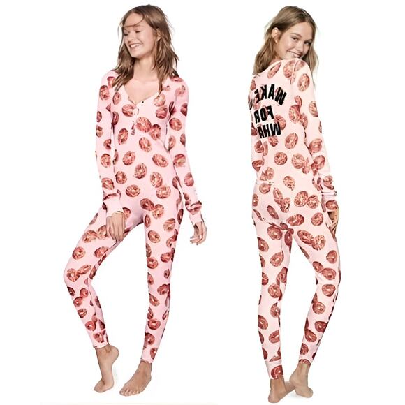Victorias Secret PINK Novelty Donut Wake Up For What One Piece Thermal Pajamas S - Picture 1 of 8